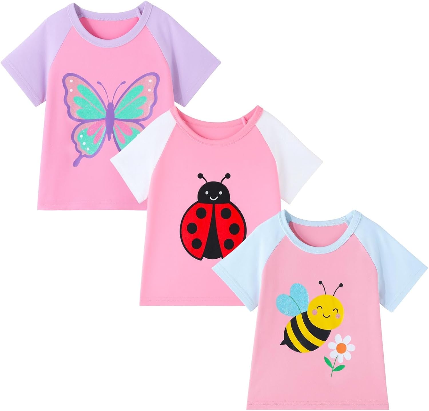 HILEELANG Toddler Girls Graphic T Shirts 3 Pack 100% Cotton Cute Spring Summer Short Sleeve Tees Soft Breathable Tops 2-7T