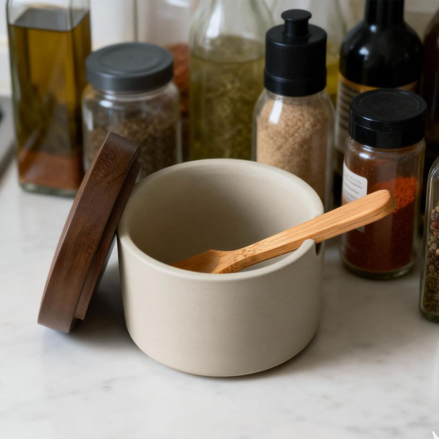 Handmade Ceramic Salt Cellar with Acacia Wood Lid & Spoon - 3.5" Wide Mouth Kitchen Jar for Salt, Spices, Sugar, Pepper - Modern Countertop Storage Container, Keeps Seasonings Dry, Elegant Home Decor