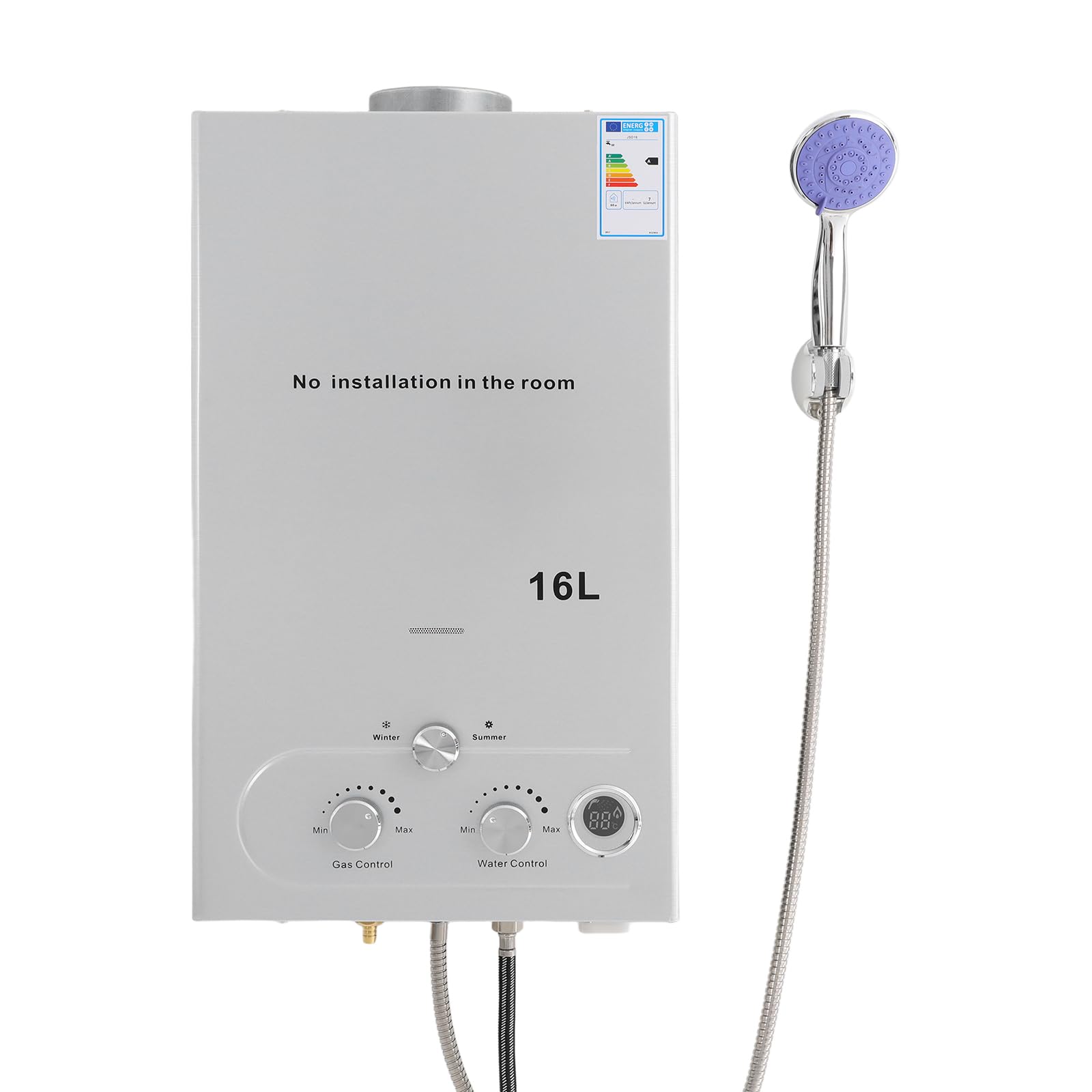 16L Gas Durchlauferhitzer mit Duschkopf 32KW LPG Warmwasserbereiter Super Niedrigem 0,15 bar Startwasserdruck für Zuhause Wohnmobile Kabinen