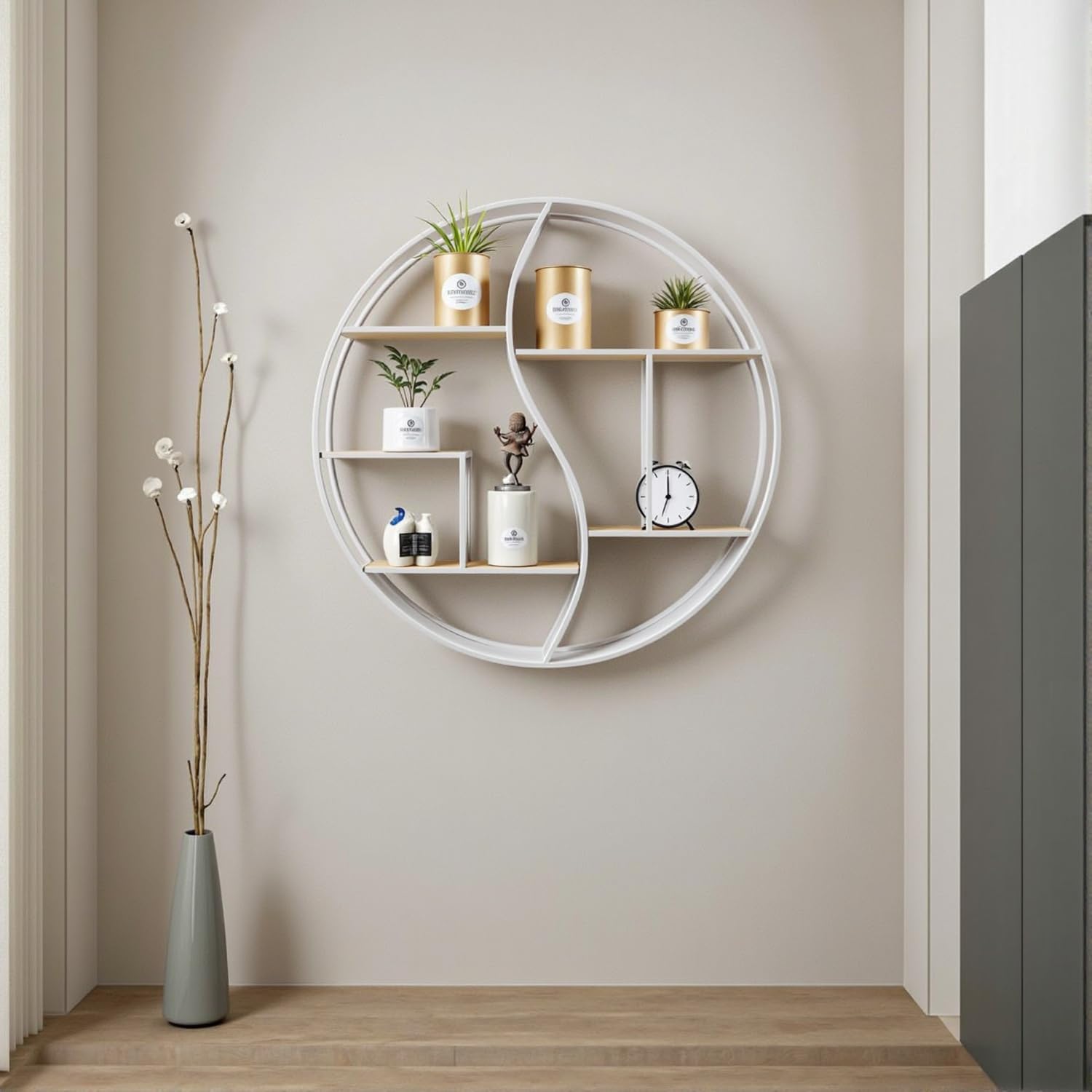 Round Wall Shelf,24 inch Metal Circle Wood Floating Shelves,Rustic White Wall Mounted Display Organizer Shelf for Fireplace,Living Room,Bathroom