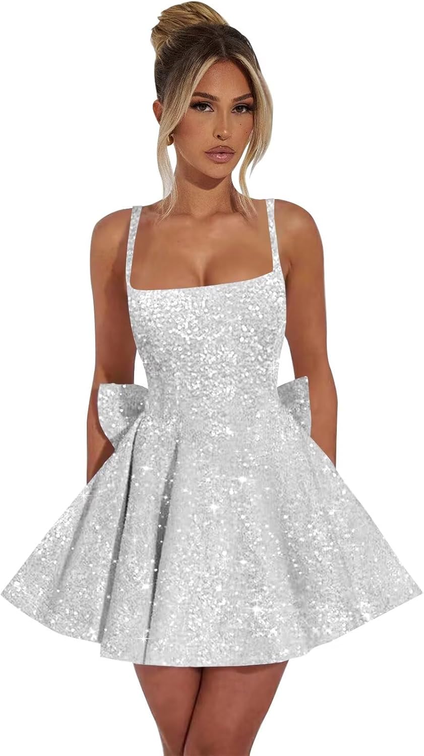 Sparkly Sequin Homecoming Dresses for Teens Square Neck Short Prom Cocktail Party Dress with Bow