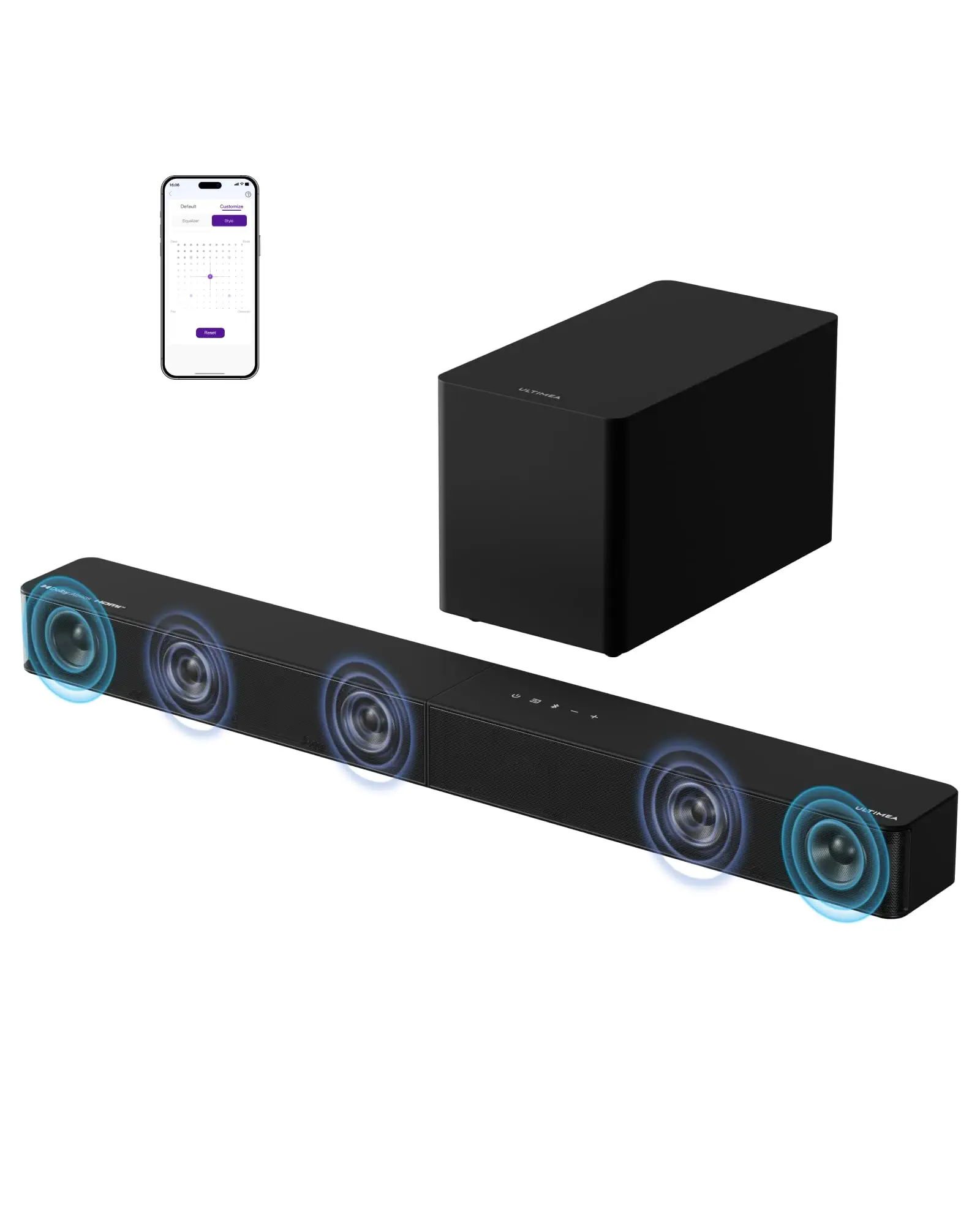 ULTIMEA 5.1ch Soundbar mit Dolby Atmos, VoiceMX, BassMX, APP, Heimkino 4D Surround Sound System, 340W Soundbar für TV Geräte mit Subwoofer, Bluetooth 5.4, Poseidon M60 Boom