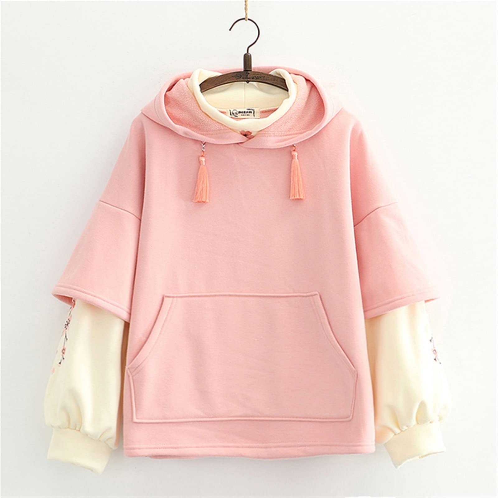 Amazon.co.jp: Hoodies Women's Embroidered Patchwork Women Hoodies Winter Thick  Drawstring Hooded Sweatshirt Pullover (Color: Pink, Size: One Size) :  Clothing, Shoes u0026 Jewelry