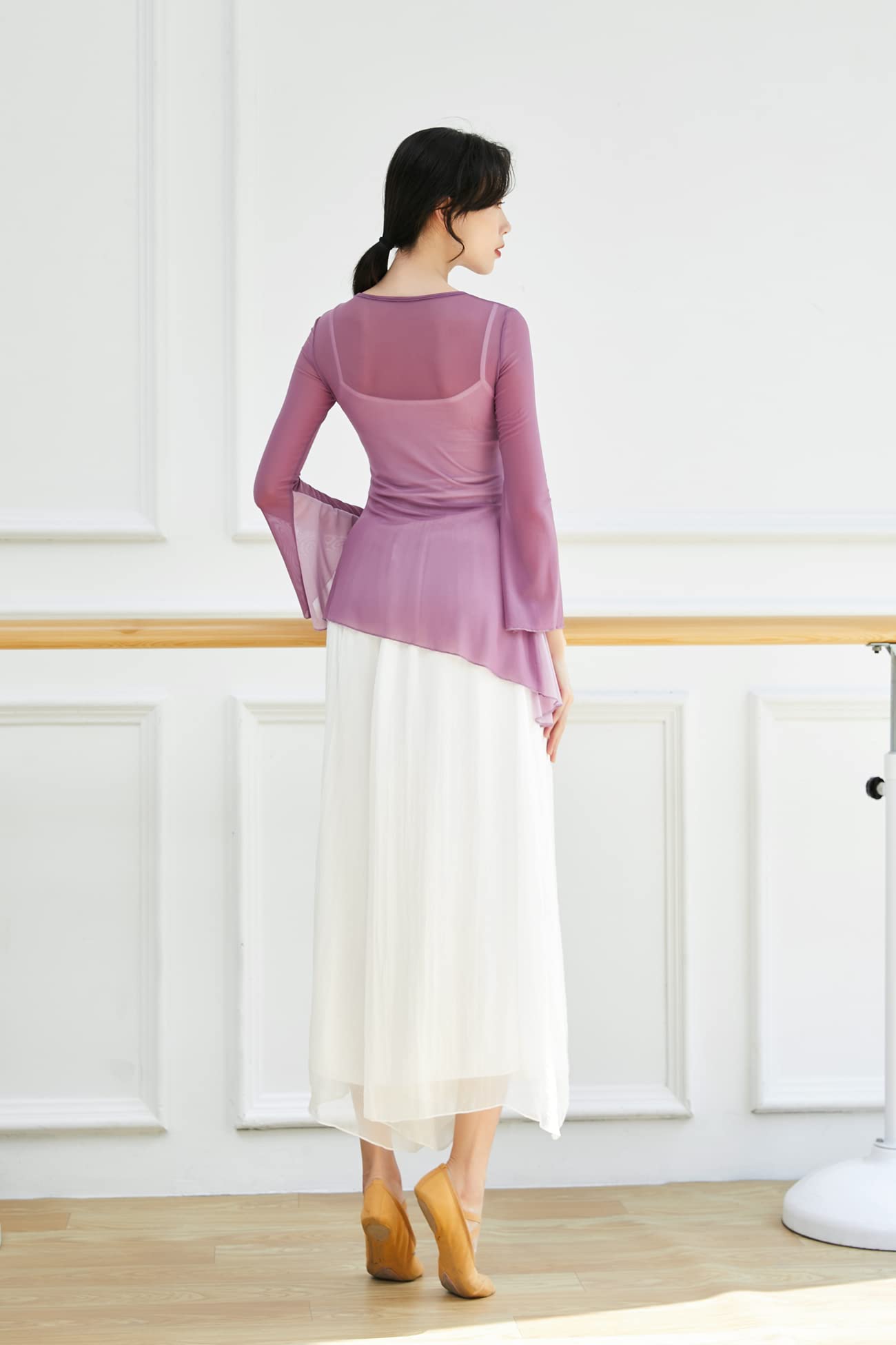 Angcoco Women's Chinese Traditional Long Sleeved See-Through Sheer Mesh Stretch Chiffon Dance Top Purple