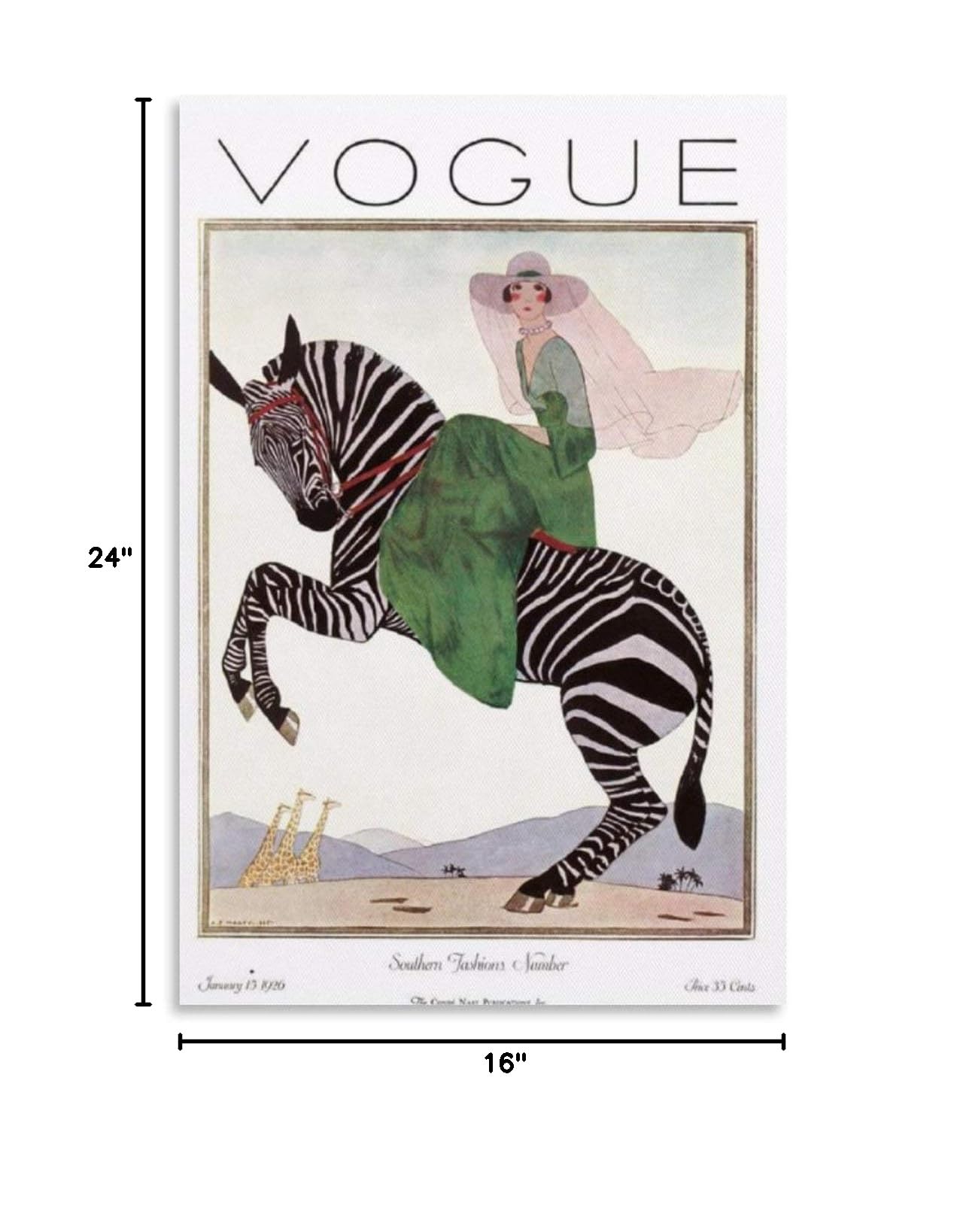 CHUNLV Vintage Art Vogue Cover 1926 - Zebra Safari - Stoic Woman Attempts to Ride A Zebra Poster Decorative Painting Canvas Wall Art Living Room Bedroom Painting 16x24inch(40x60cm), Unframe-style1