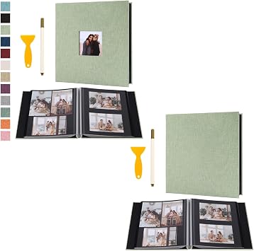 Self Adhesive Photo Album Black Pages Scrapbook Magnetic Photo Albums for 4x6 5x7 8x10 Pictures Books with Sticky Pages with A Metallic Pen for Baby Family Wedding 11x10.6 Grass Green 40 Pages