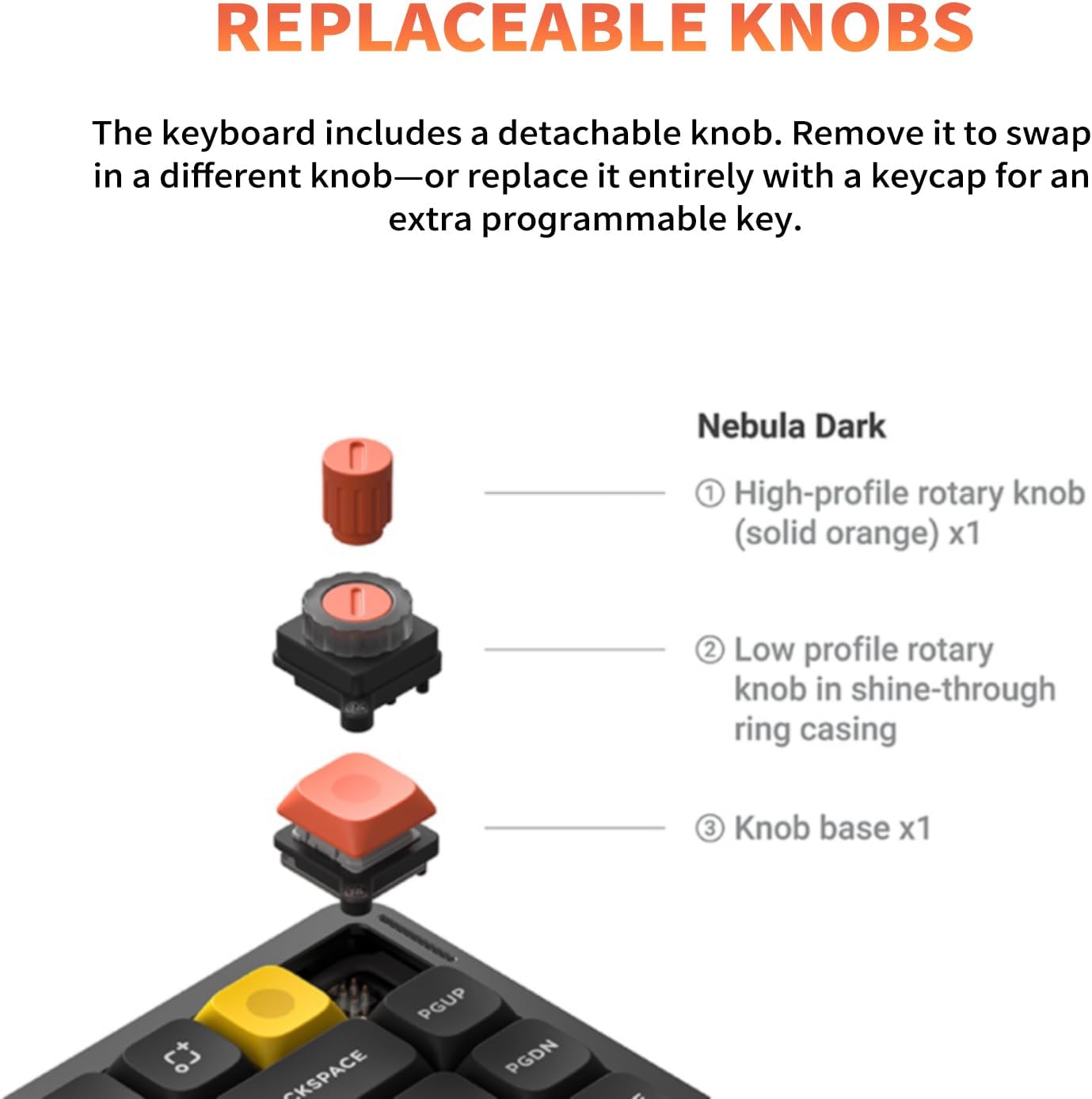 nuphy Air75 V3 keyboard with replaceable knobs and components
