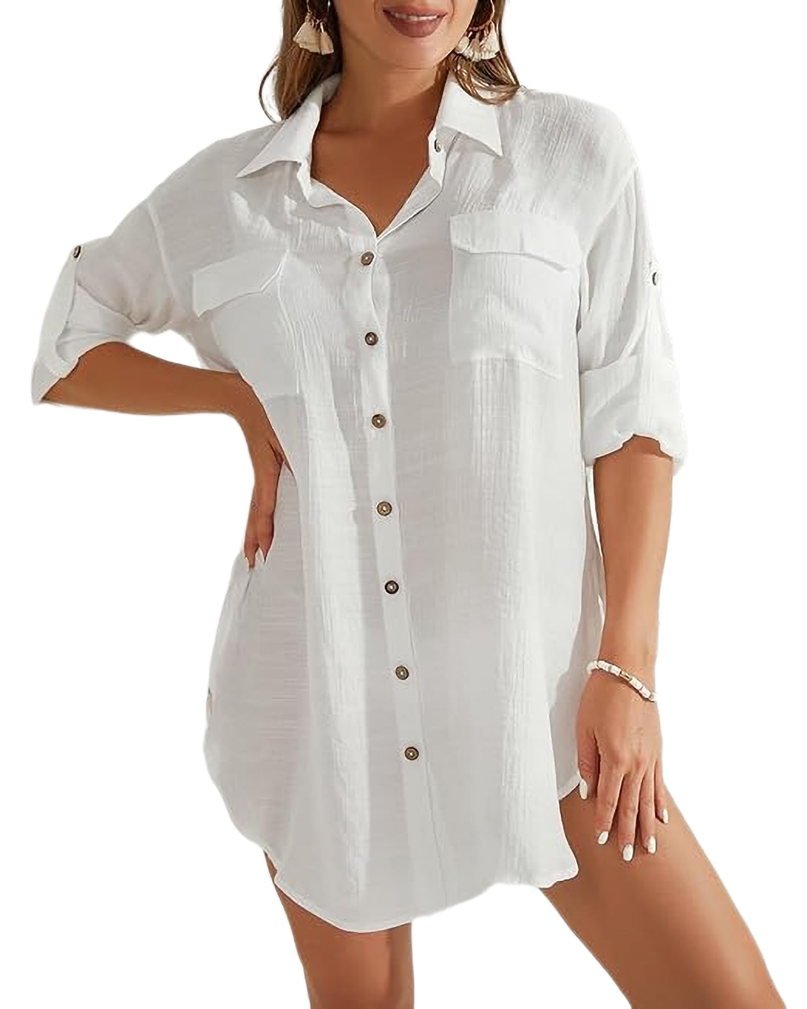 Bsubseach Traje de Baño Camisa Cover Up Vestido de Playa con Botones Blusa Casuales Camisones Pareos de Mujer para Vacaciones