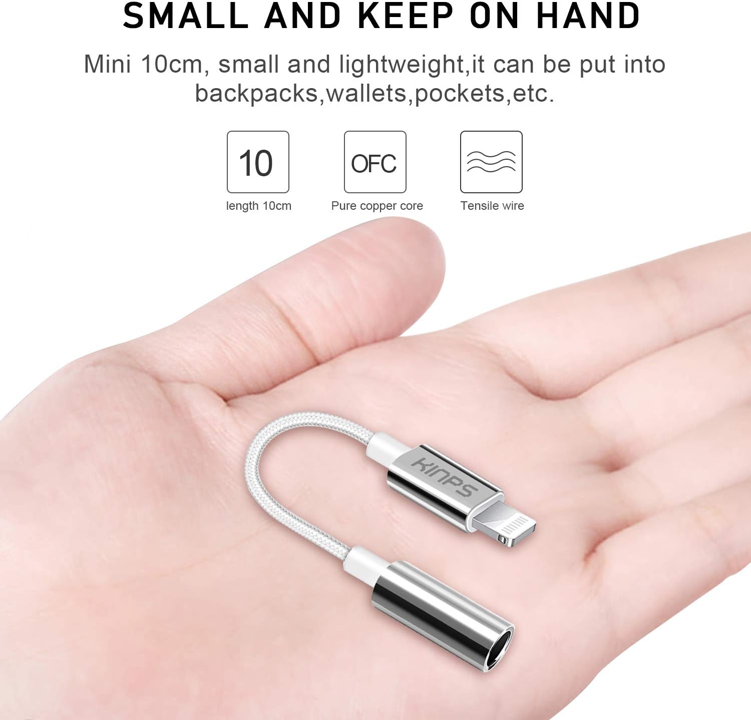 KINPS MFI Certified Lightning to 3.5 mm Headphone Jack Adapter Compatible with iPhone 12/11 Pro Max/11 Pro/11/XS Max/XS/XR/X/8 Plus/8/7 Plus/7 (White)