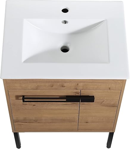 Miniatura 5 de Tocador de baño de 24 pulgadas con estante ajustable, armario de almacenamiento con lavabo de cerámica para espacios pequeños, tocador independiente