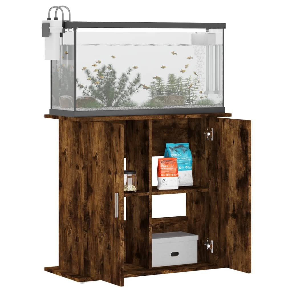 Soporte para acuario, roble ahumado, 81 x 36 x 73 cm, estructura de madera para muebles con 4 compartimentos y puertas, armario inferior estable para peces, accesorios, almacenamiento, salón