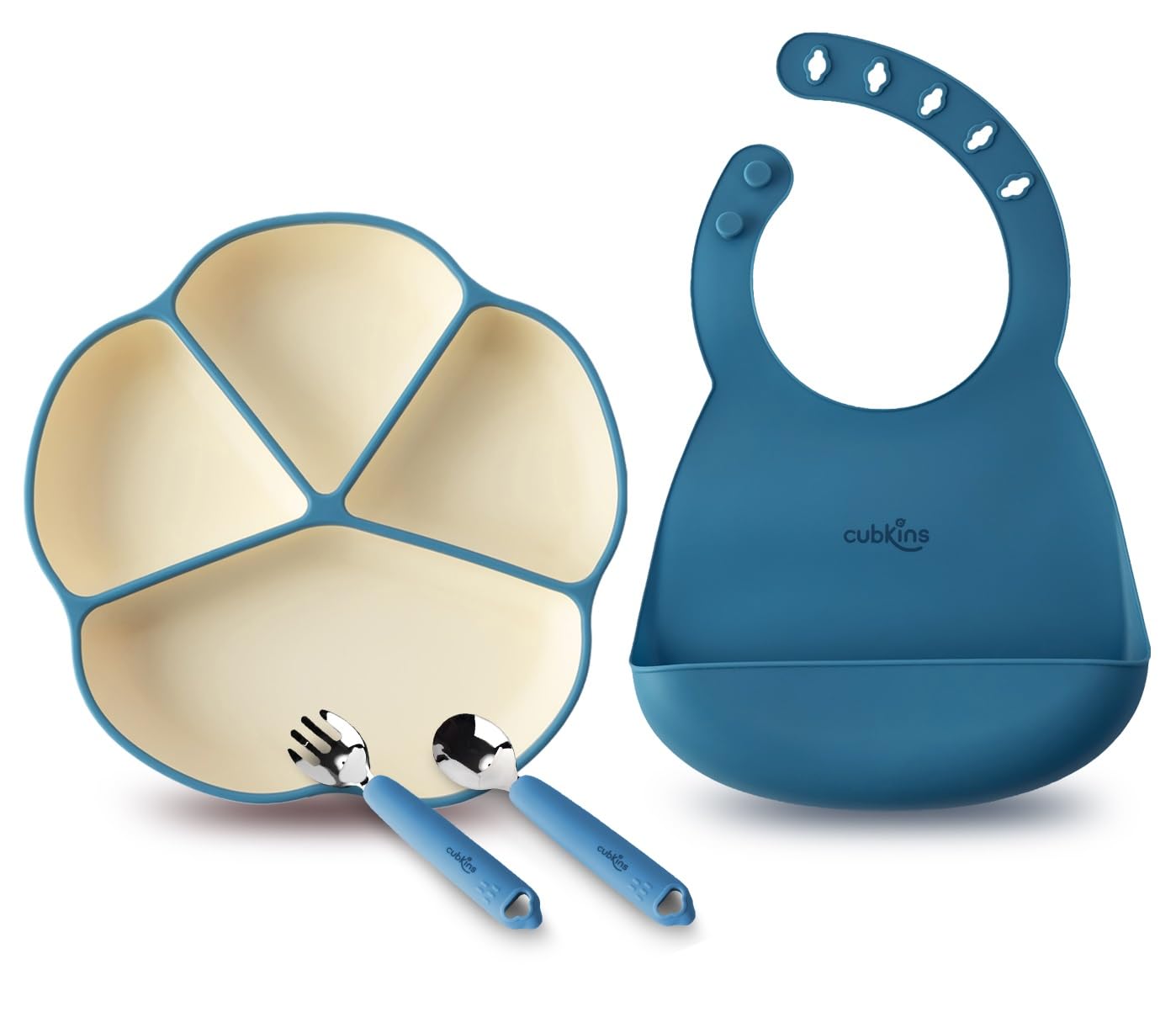 Cubkins Silicone Suction Plate, Bib and Stainless Steel Spoon and Fork Set of 4 for Baby Feeding | BPA Free, Washable and Reusable Feeding Set for Babies & Toddler (Blue Olive)-picture-17