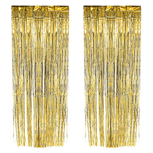 Metallic Yellow Gold Fringe Foil Curtain - Hanging Party Decorations for Doorways and Backdrops 8 ft. by 3 ft. (Pack of 2)