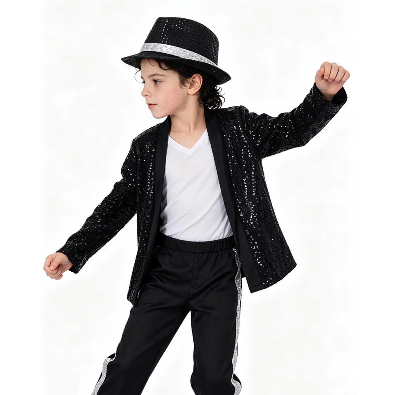 Genérico Traje de Estrella Niño 4 12 Años Conjunto de Baile con Chaqueta Lentejuelas Negra Sombrero y Guantes Estilo Años Disfraz la Música Niño Disfraces Cantante para y Halloween Sombrero Guante