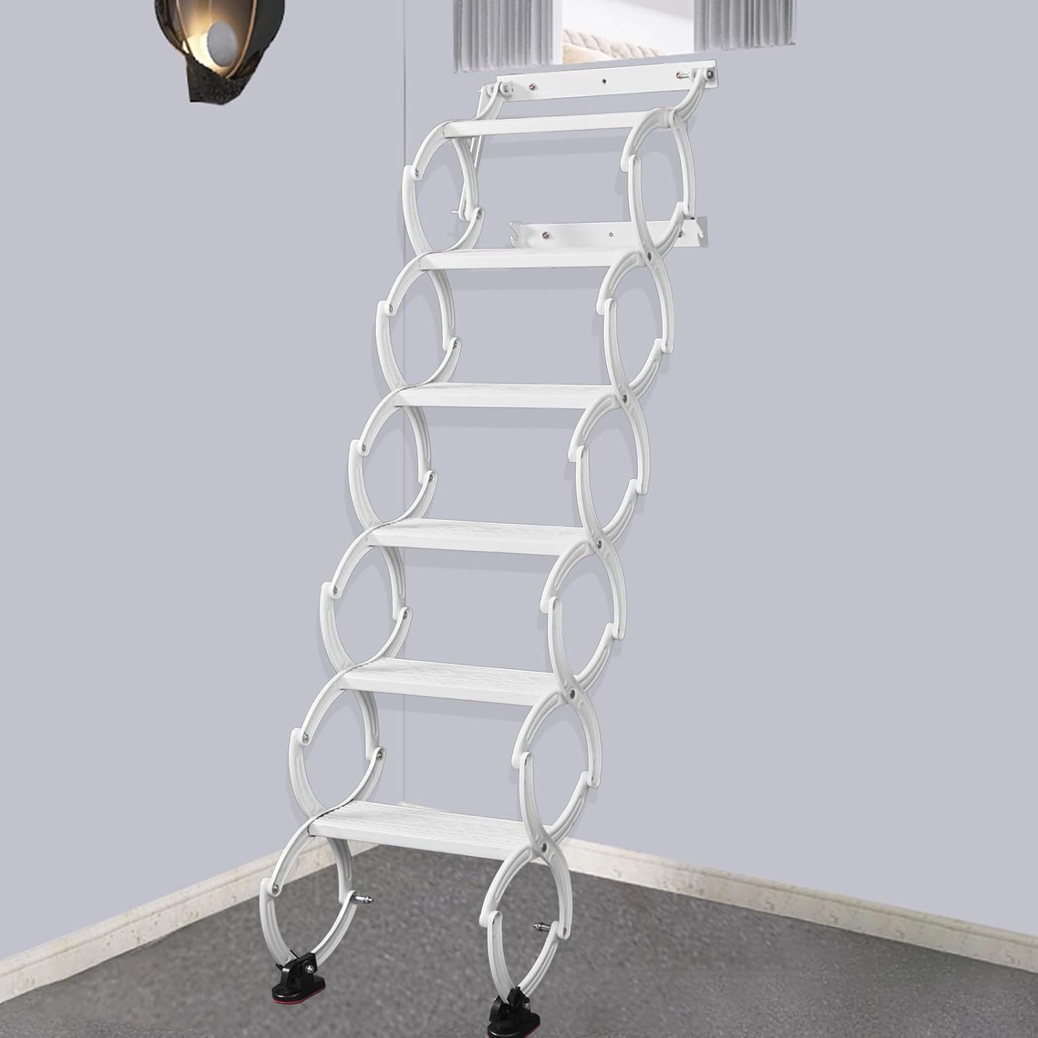 6 Steps Wall Mounted Folding Ladder, Indoor and Outdoor Step Ladders, Retractable Folding Stairs, Portable Camping Staircase, Pull-Down System Attic Ladder, for RV, Storehouse (White, 6 Steps)