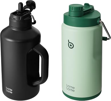 BOTTLE BOTTLE Insulated Water Bottle 64 oz with Straw and Dual-use Lid Half Gallon Water Jug Vacuum Stainless Steel for Workout Sports (black and green)