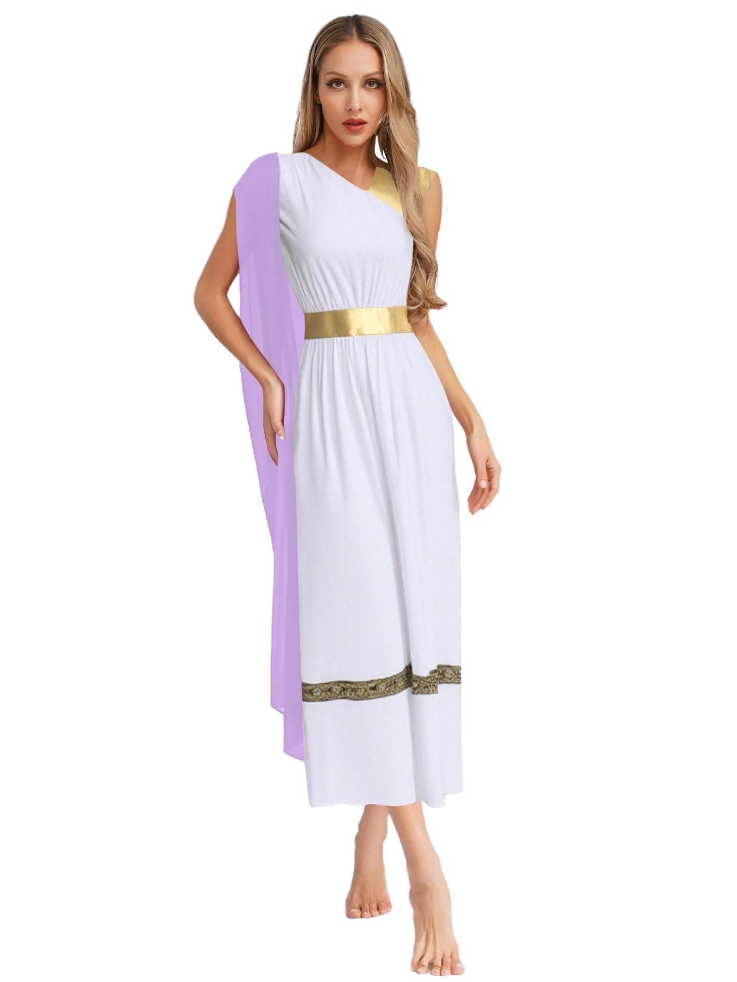 JEATHA Women Greek Princess Costume Sleeveless Tunic Dress Golden Roman Empress Ancient Toga Robe Halloween Costume Light Purple 3XL