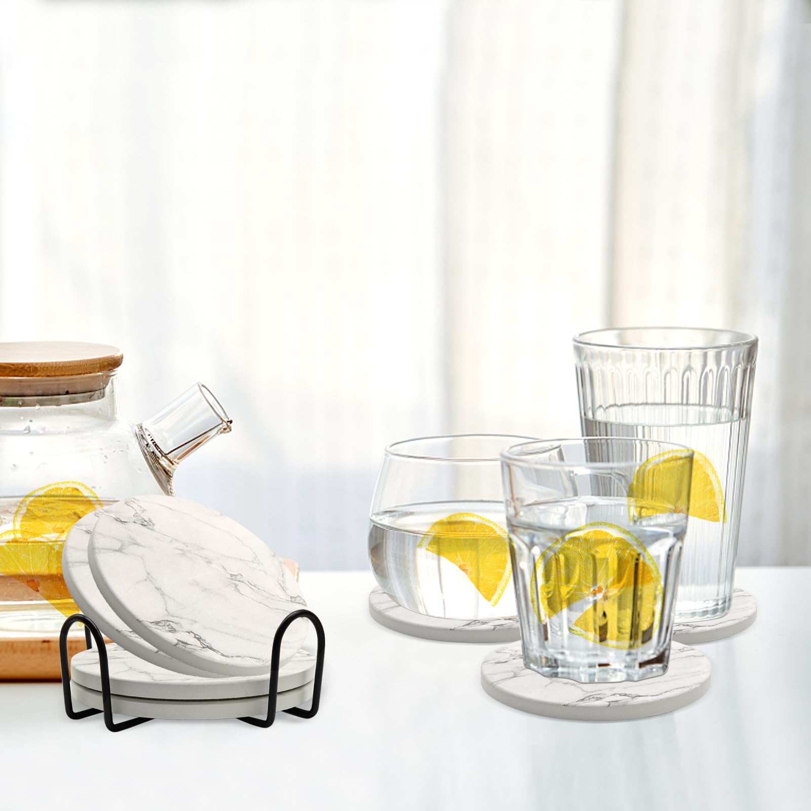 Juego de 4 posavasos con soporte, posavasos de cerámica absorbente para mesa de comedor, juego de posavasos redondos de 4 pulgadas para bebidas, posavasos para decoración del hogar, regalo 3