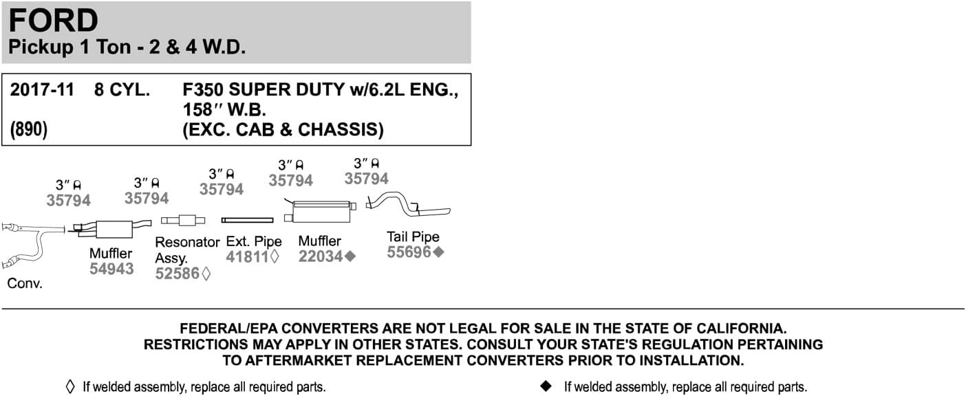 Walker 52586 Direct Fit Exhaust Resonator and Pipe Assembly 3" Inlet (ID) 3" Outlet (OD) for Ford F-250 Super Duty