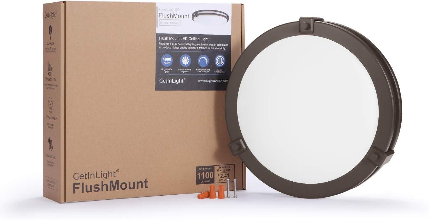 GETINLIGHT LED Flush Mount Ceiling Light, 12-Inch, 15W(75W Equivalent), Bronze Finish, 4000K(Bright White), Dimmable, Round, Dry Location Rated, ETL Listed, IN-0307-1-BZ-40