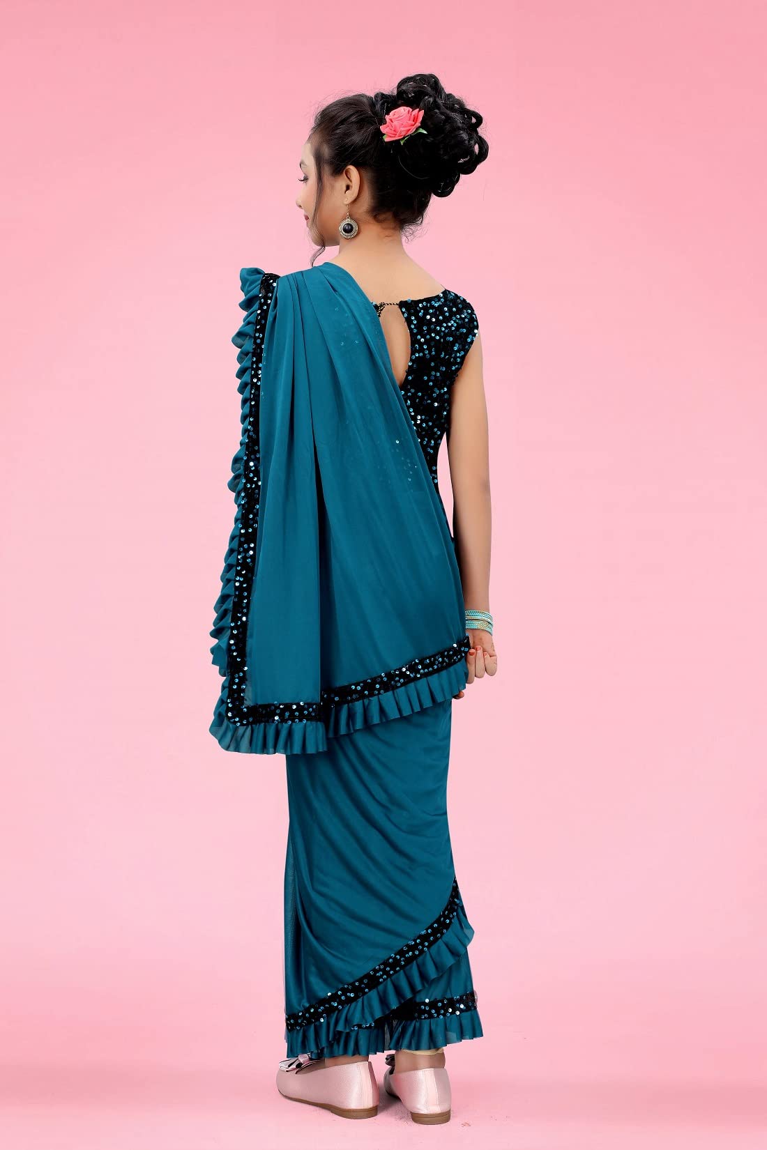 Dhyey fashion Girls Lycra Blend Ruffle Pattern Saree With Velvet Unstitched Blouse Piece - Image 5 thumbnail