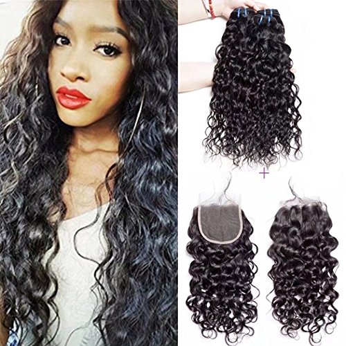 9A Brazilian Virgin Hair Bundles with Closure Water Wave 4 Bundles With Free Part Closure Wet And Wavy Virgin Human Hair Weave Natural Color, Shedding and tangles free(14 16 18 20 with 12)