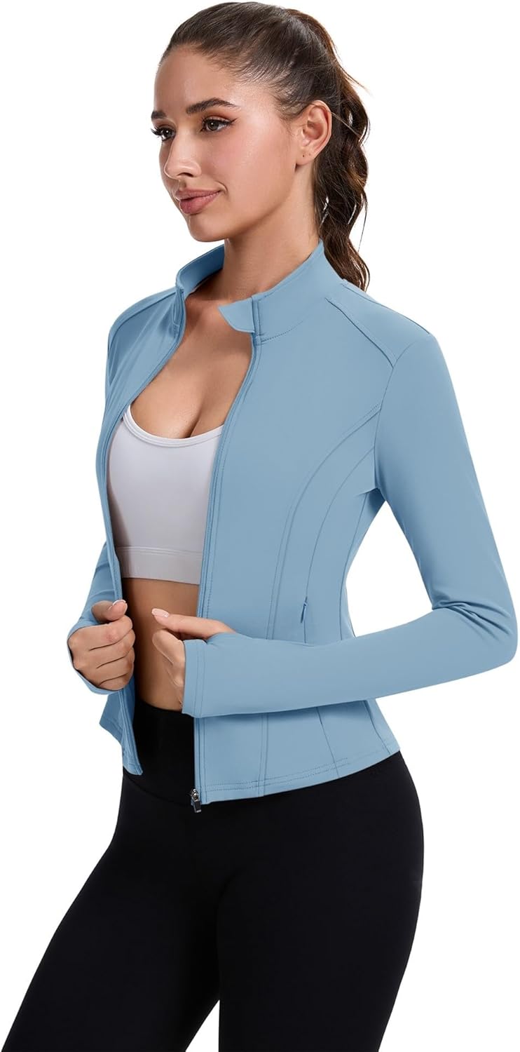 ZHENWEI Workout Jackets for Women Full Zip Up Cropped Athletic Long Sleeve Lightweight Slim Fit Running Tops with Pockets - Image 3