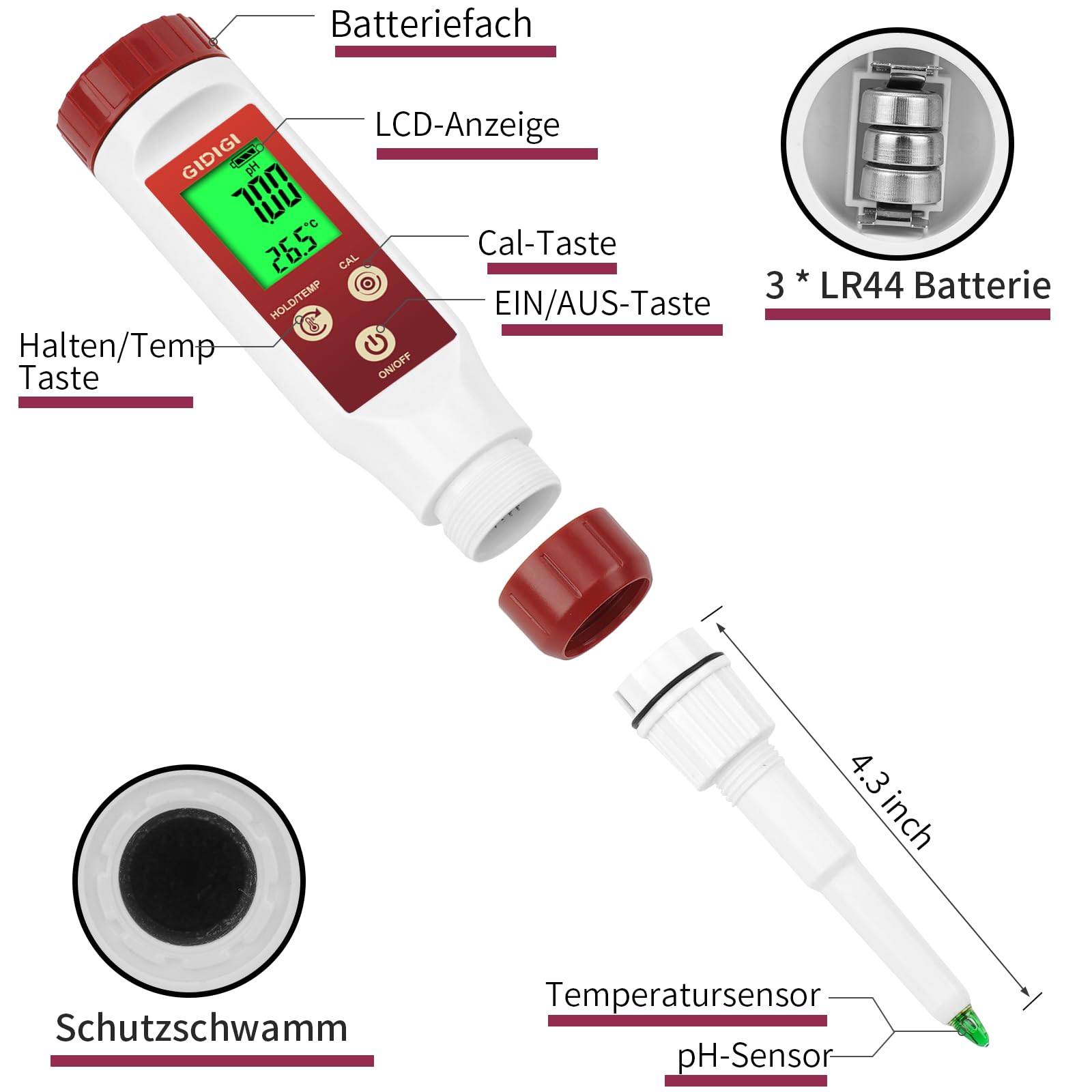 pH Messgerät für Lebensmittel,GIDIGI Digitaler pH Tester für Lebensmittel，Präzise pH Testkits für die Konservierung mit ATC, professioneller pH Teststift für die Gärung, Speer pH Sonde für Brotkäse
