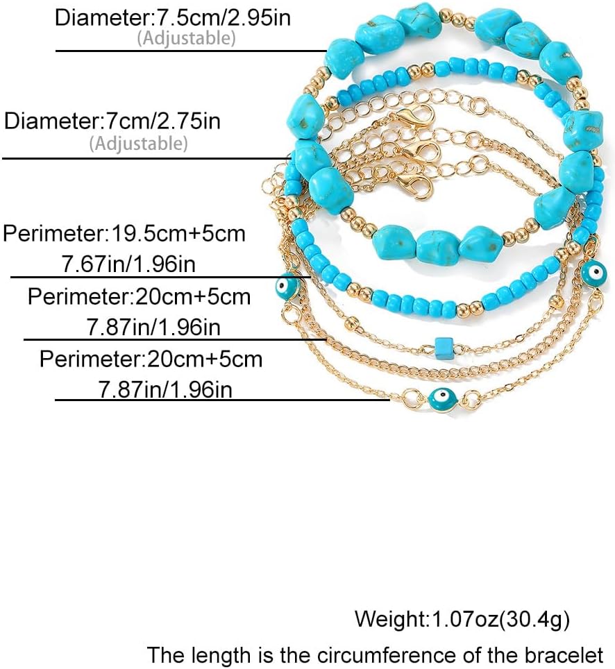Gold Turquoise Beaded Western Jewelry for Women Fashion Stackable Irregular Turquoise Bead Bracelets Elastic Stack Evil Eyes Bracelet Boho Accessories - Image 3