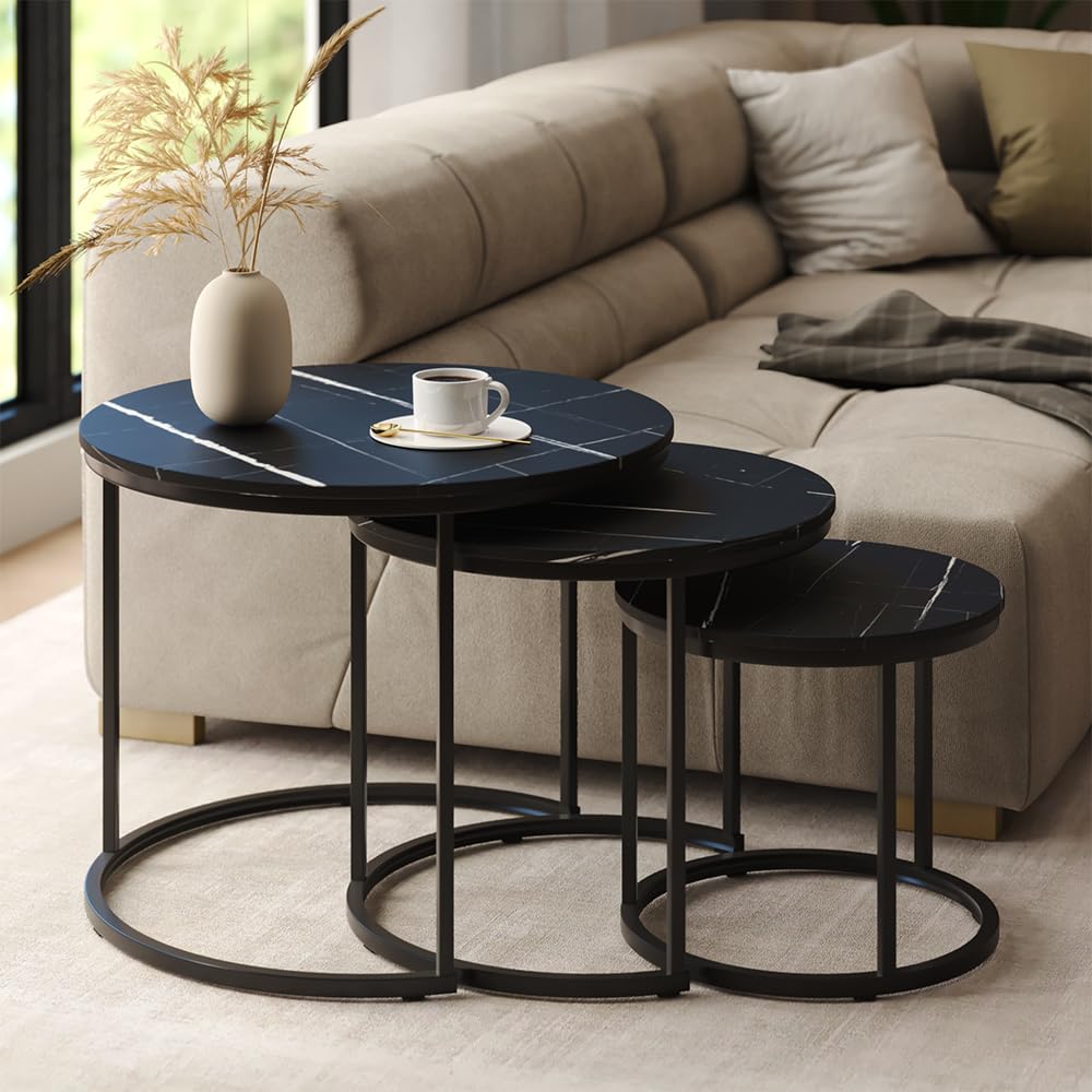 Vicco Set di tavolini da caffè Montreal, Marmo nero, 55 x 55 cm 3 parti, salvaspazio, pieghevole e combinabile in modo versatile