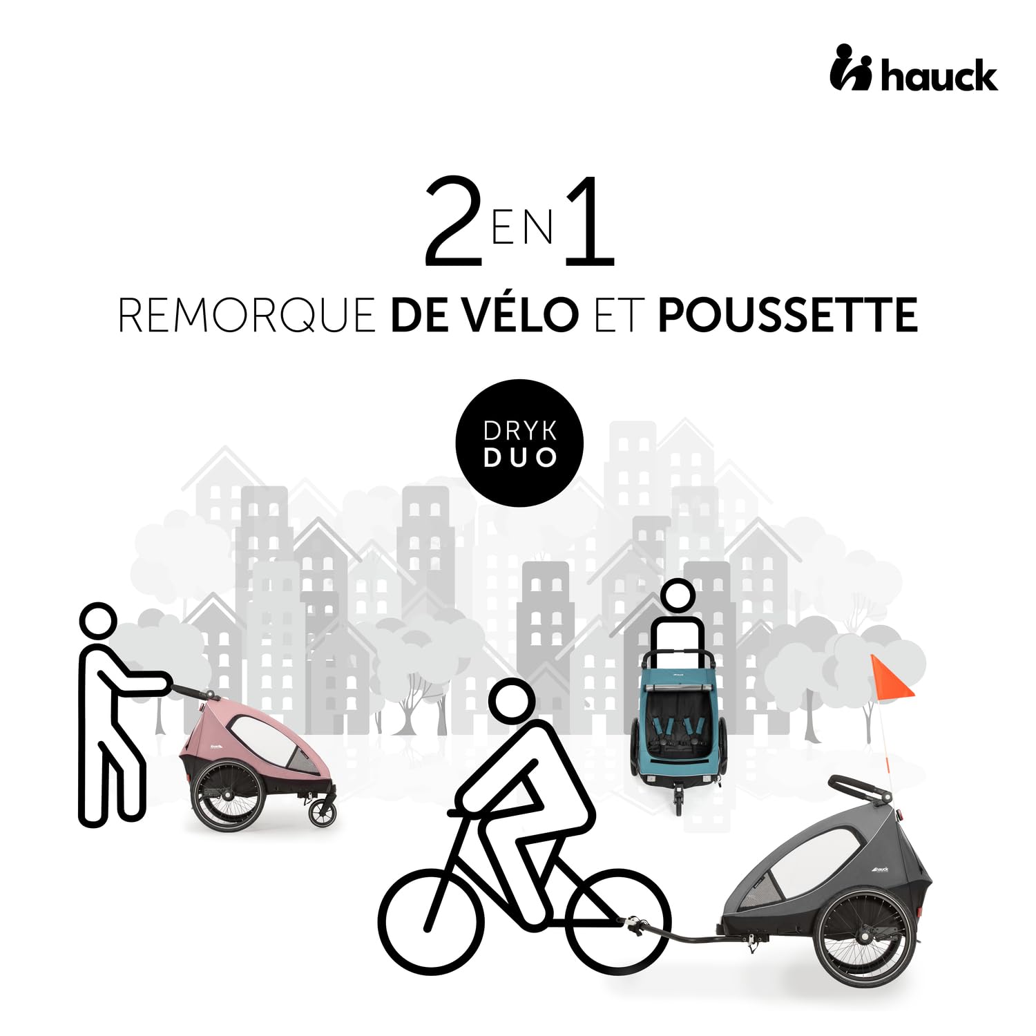 hauck Remorque Velo et Poussette 2 Enfants 2-en-1 Dryk Duo (6 Mois à 120 cm / 22 kg), inclus Barre d'Attelage, Attache Vélo, Roue Avant, Fanion et Feu Arrière – Pliable, Coffre XL – Gris
