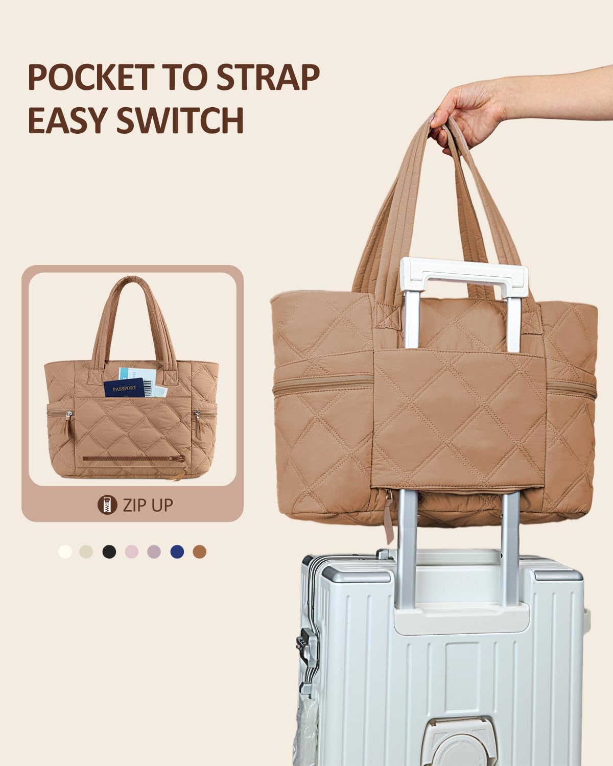 Prite Quilted Tote Bag for Women, Lightweight Puffer Tote with Zipper, Travel Work Nurse Gym Bag(Brown) - Image 4