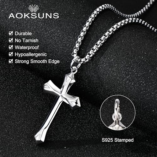 925 Sterling Silver Cross Necklace for Men Women Durable Stainless Steel Rolo Cross Chain 18K White Gold Plated Beveled Edge Black Gothic Rivets Textured Moissanite Crucifix Pendant Necklace 24”4