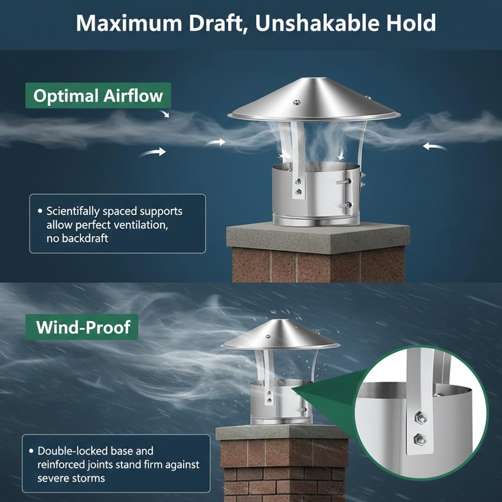 Sombreros para Chimeneas, Tapa de Chimenea de lluvia Acero Inoxidable 304, a Prueba de Viento y Lluvia, Sombrerete Chimenea para Tubos de Estufa(200mm)