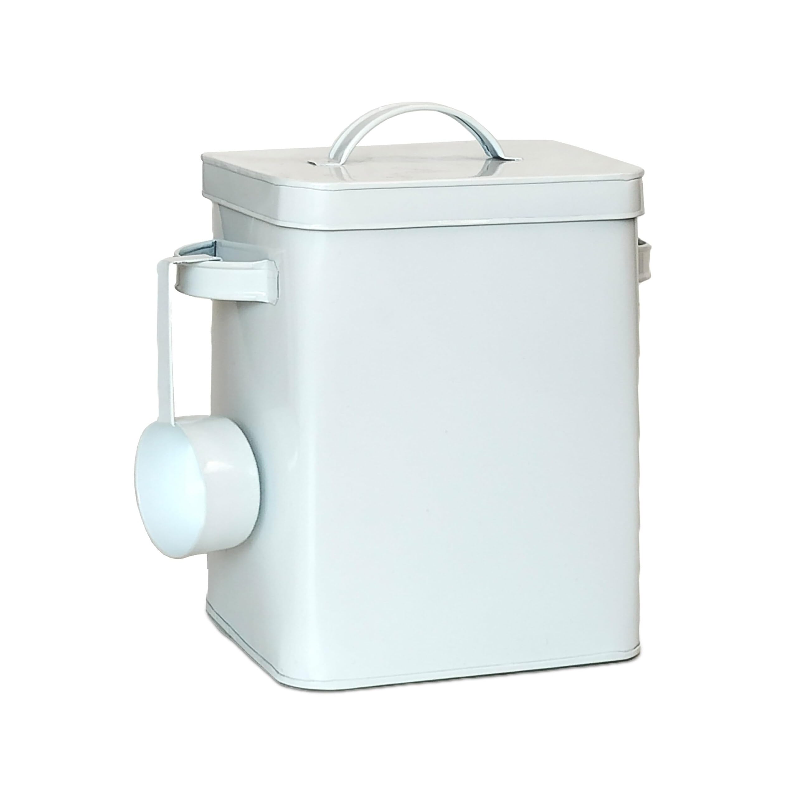 Relaxdays 2 Cajas metálicas, contenedor de 6,5 l con dosificador, Alimentos herméticos, Caja Blanca para detergente en Polvo | Alimentos para animales y alimentos, herméticos, caja de lavandería en polvo