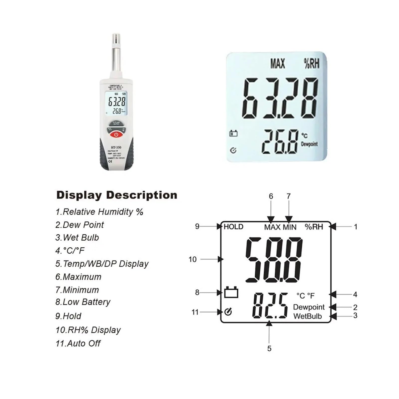 Misuratore Di Temperatura E Umidità Digitale Portatile Con Punto Di Rugiada E Temperatura Del Bulbo Umido, Doppio Display For Temperatura E Umidità