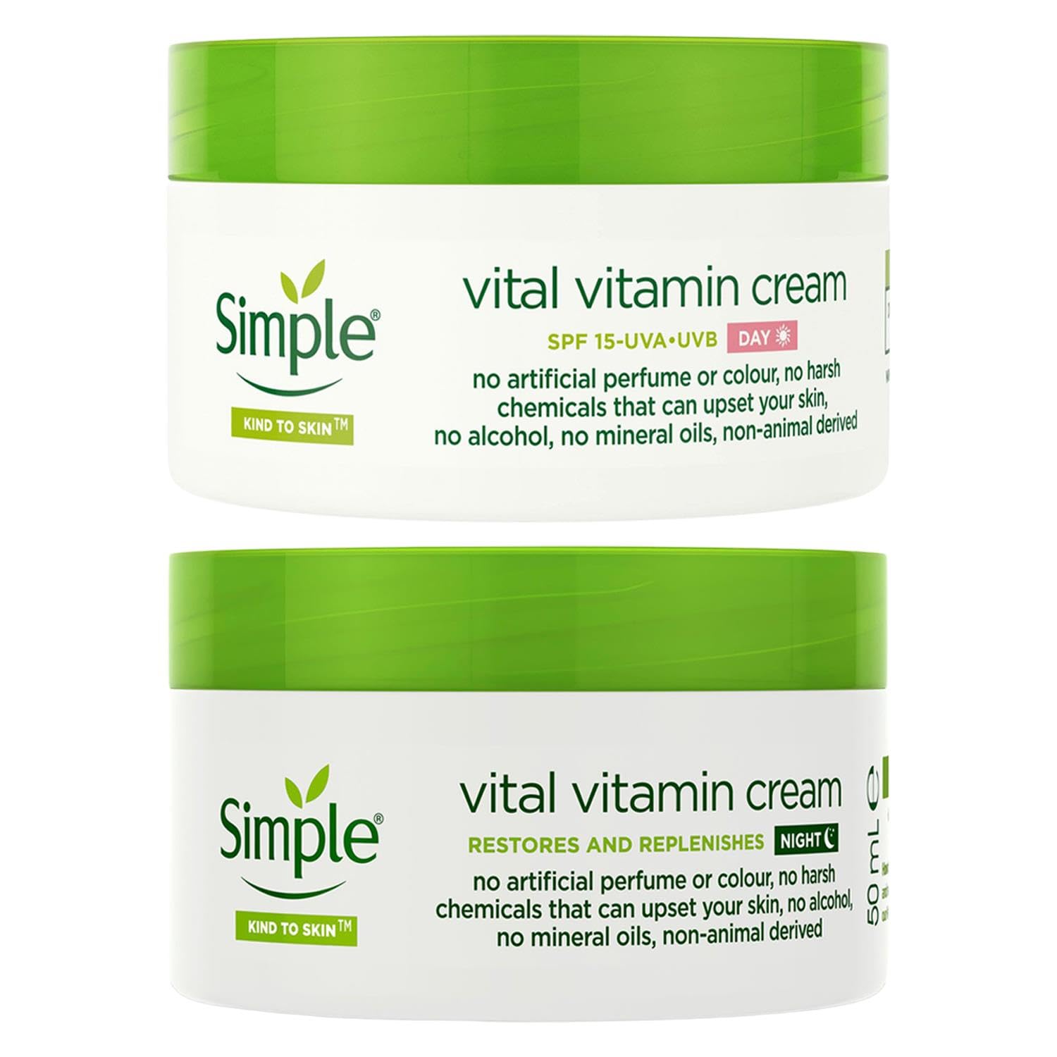 Simple Day & Night Face Cream Bundle with SPF15 for Sensitive Skin 50ml Pack of 2