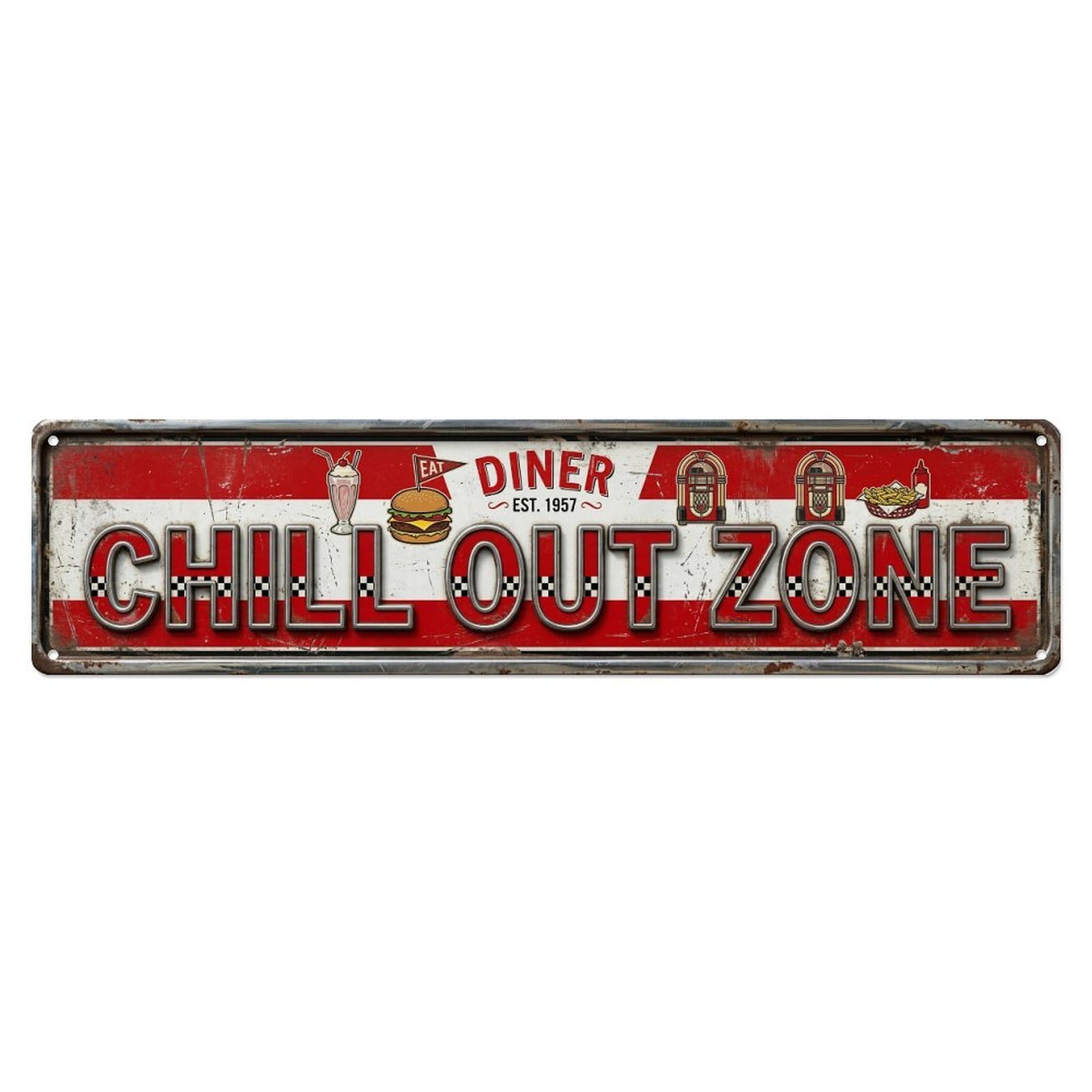 Chill Out Zone Aged Diner 1 Metal Tin Skinny Sign Plaque Wall Decor for Cafe, Club Bar, Office, Home Garden Metal Poster 4x16Inch