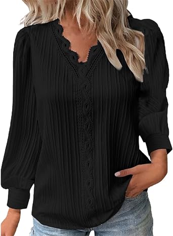 Long Sleeve Shirts for Women Lace V Neck T Shirts 2026 Spring Fashion Blouses Dressy Casual Work Tops Elegant Tshirts