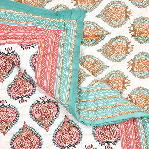 Image of BLOCKS OF INDIA Hand Block Printed Cotton King Size Quilt /Rajai (90 Inch X 108 Inch, Turquoise Motifs), Skin Friendly, 300 TC