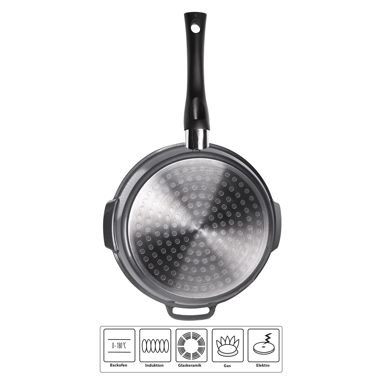 STONELINE Future Aluguss Stielkasserolle mit Deckel und Sieb-Funktion 18 cm, 2 L, Kleiner Topf Induktion für alle Herdarten, Milchtopf Kochtopf antihaftbeschichtet mit echten Steinpartikeln, Grau