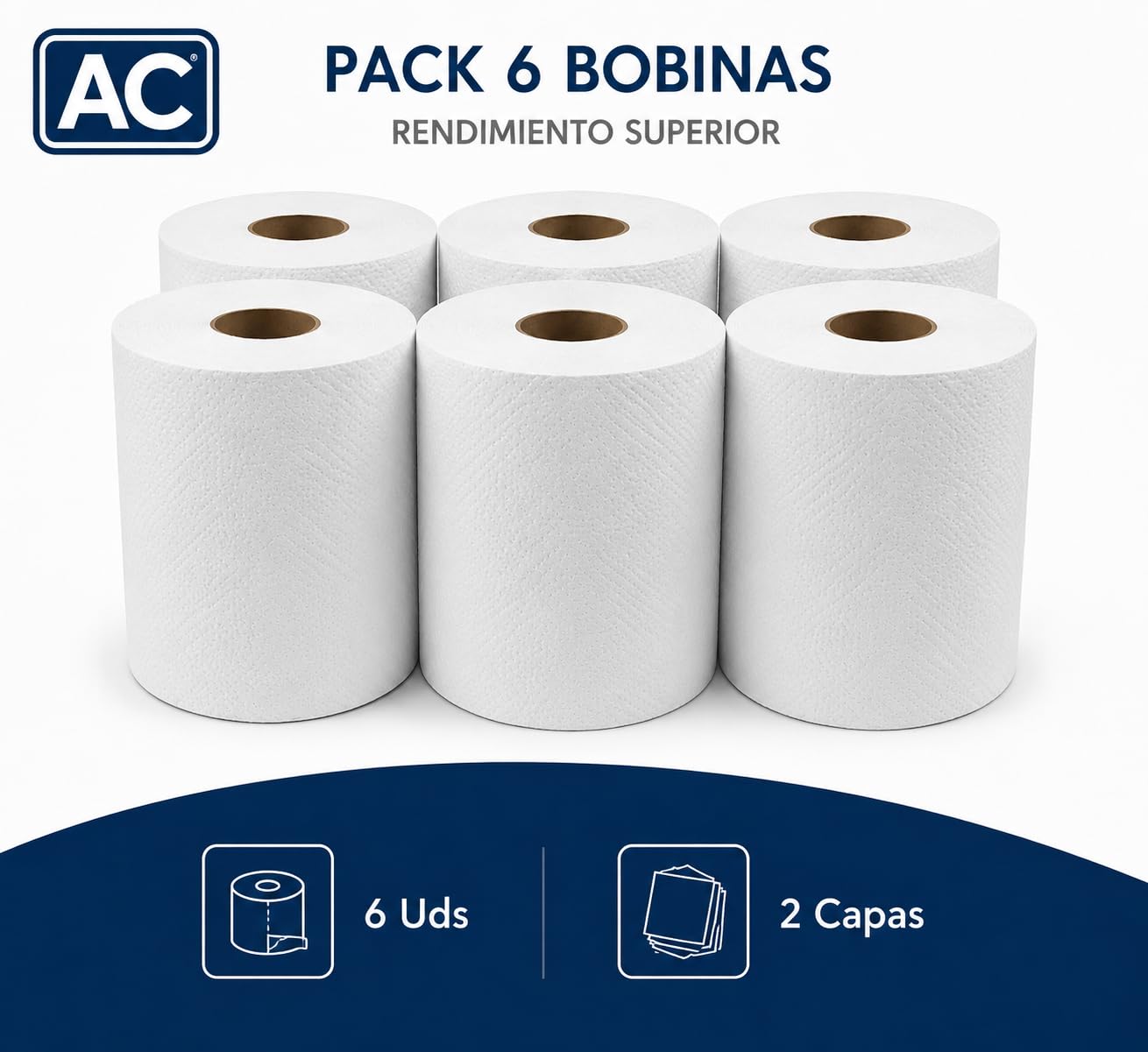Bobina Papel Secamanos Mecha Laminado Gofrado Doble Capa Pack 6 unidades