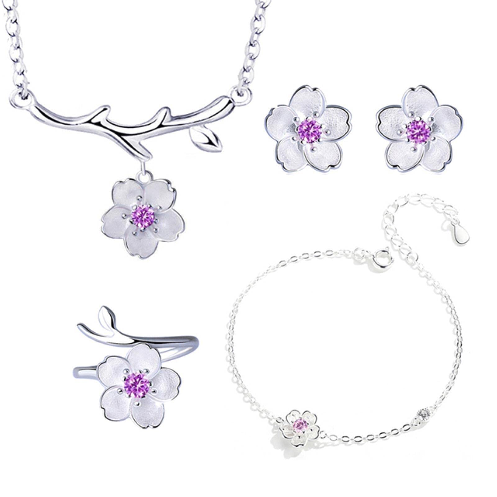 HCMA HCMA Conjuntos de joyas de plata 925 Collar de flores románticas con flores de cerezo + Pendientes + Anillo + Pulsera para mujer Conjunto de joyas de fiesta de boda