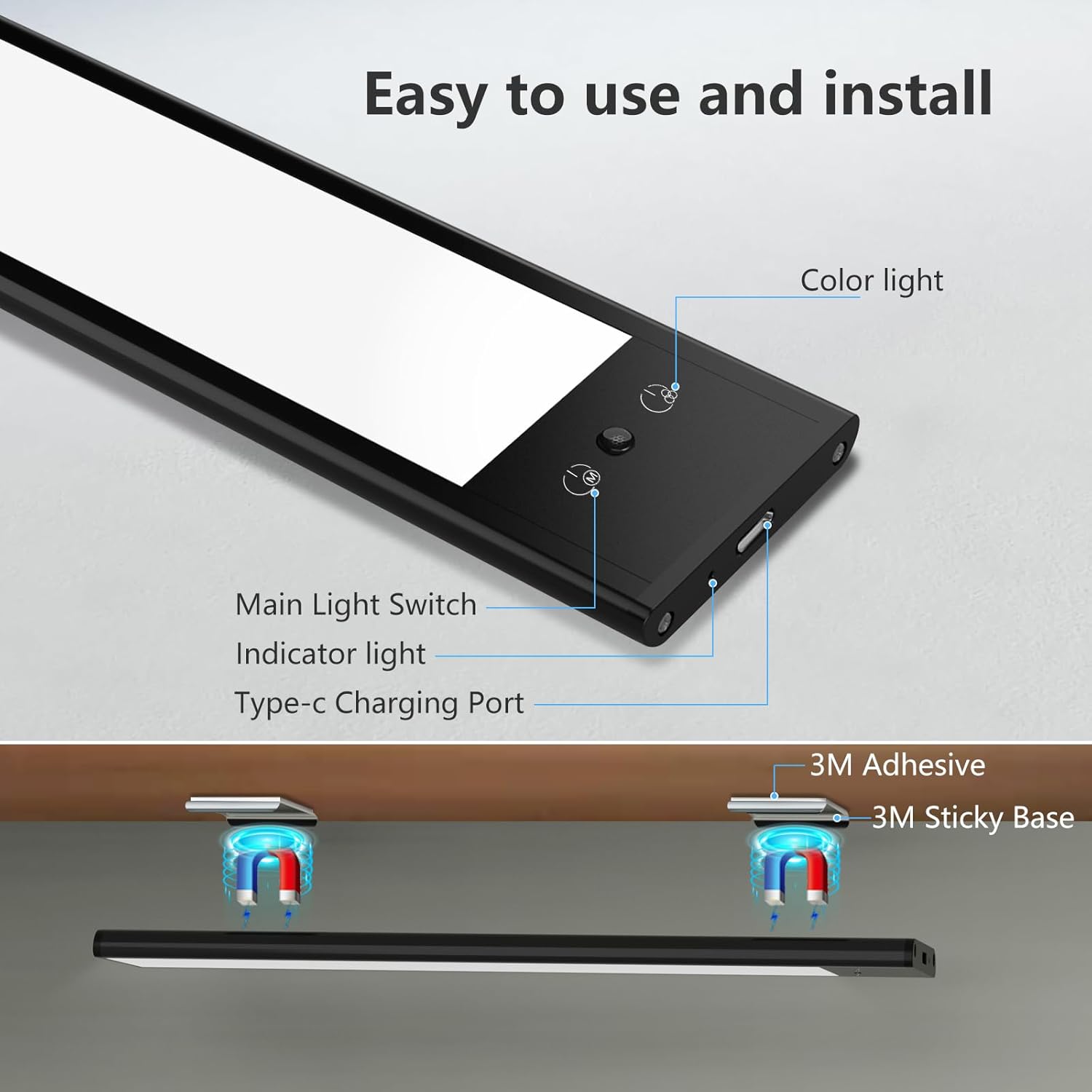 Under Cabinet Lighting (2 Pack), 3000mAh, 95 LED Closet Lights Battery Operated, RGB Color & 2 Color Temperature, Rechargeable Magnetic Cabinet Lights for Kitchen, Bedroom