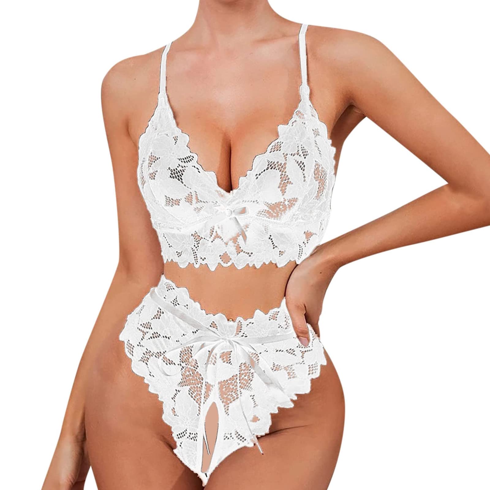 ROSVAJFY Sexy Floral Lace Lingerie Set for Women Naughty See-Through Mesh Babydoll Underwear 2 Piece V Neck Bra and Panty Hollow out Crotch Nightwear Ladies Strappy Bow Pyjamas for Valentines (White)