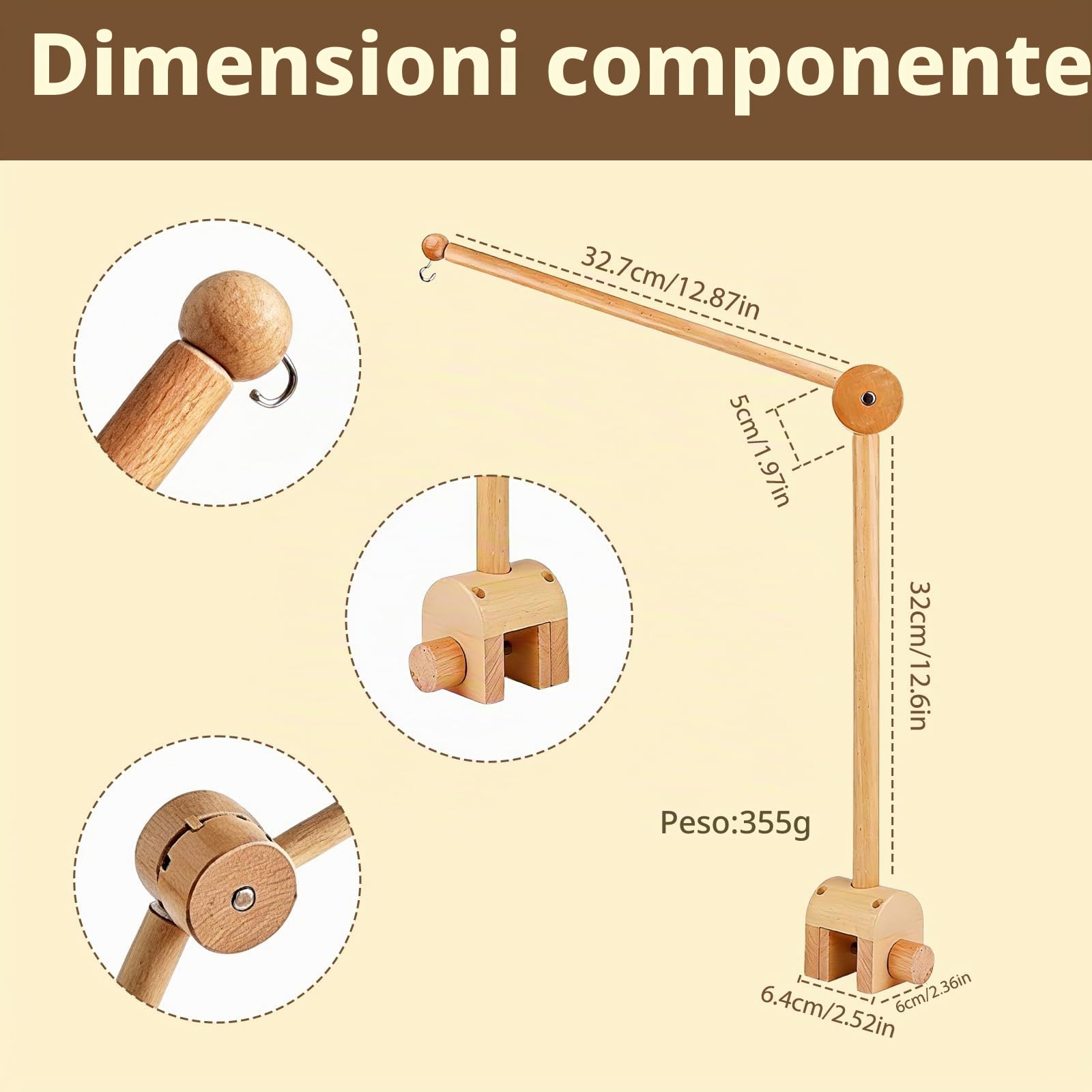 Supporto Regolabile in Legno per Lettino, Supporto Mobile per Culla Neonato, Gancio Rimovibile Giostrina, Altezza Regolabile, Adatto Cameretta Bambini e Fasciatoio, Decorazione Giocattoli