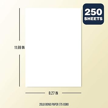 A4 White Paper | For Copy, Printing, Writing | 210 x 297 mm (8.27 x 11.69 Inches) | Pack of 250 Sheets (20Lb)