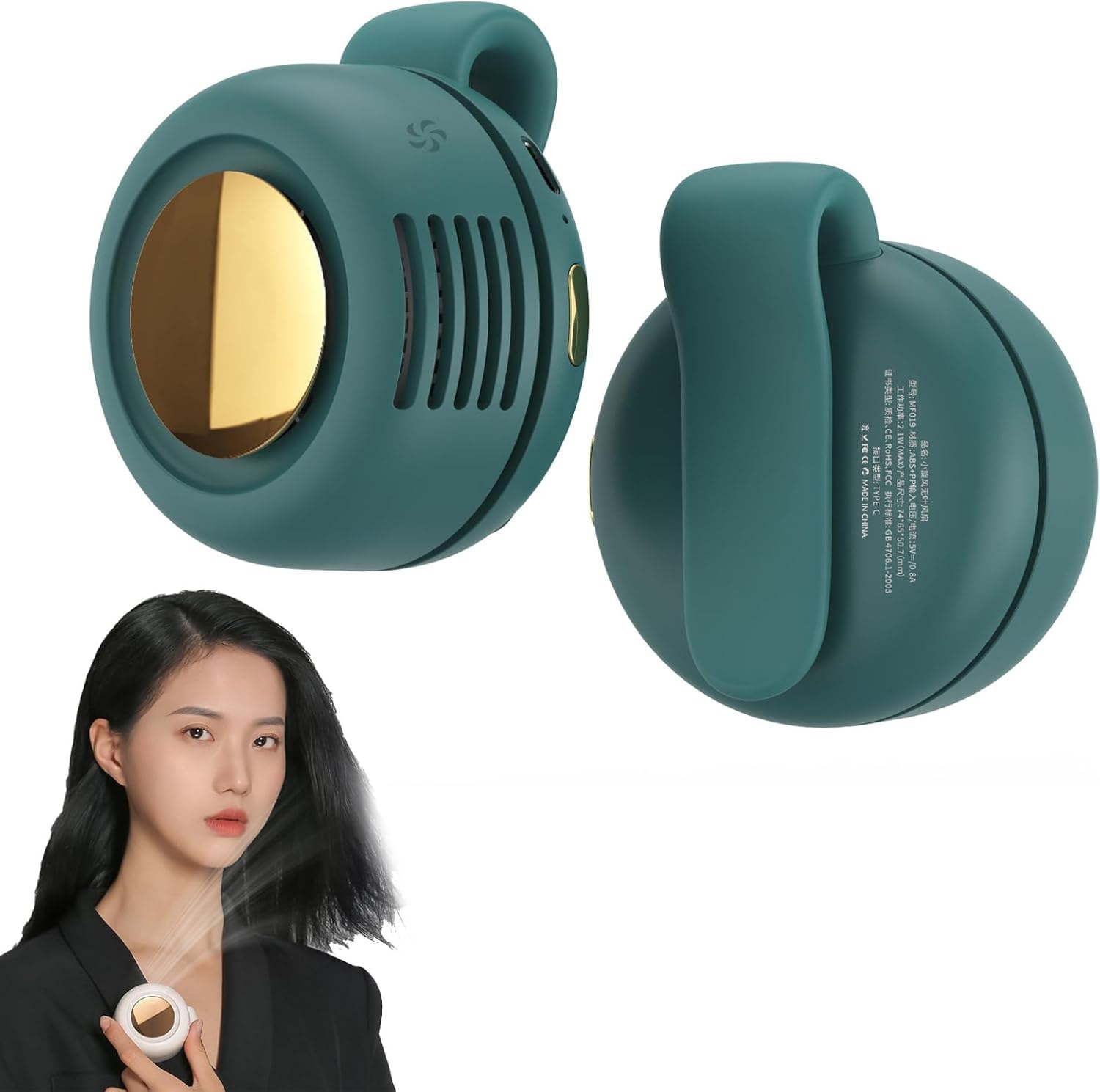YuuFcy Portable Silent Mini Bladeless Fan, Clip On Waist & Neck Fan, Rechargeable Clip-On Hands-Free Fans 3 Speeds, Wearable Cooling Fans for Outdoor/Travel/Office/Shirt (Green)