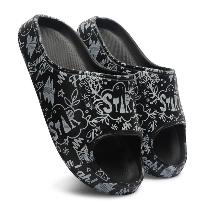 Image of AARJU Comfortable Boys's Flip-Flops Slides | Thick Sole Slippers For Boys With Graphics Printed Style (Black)