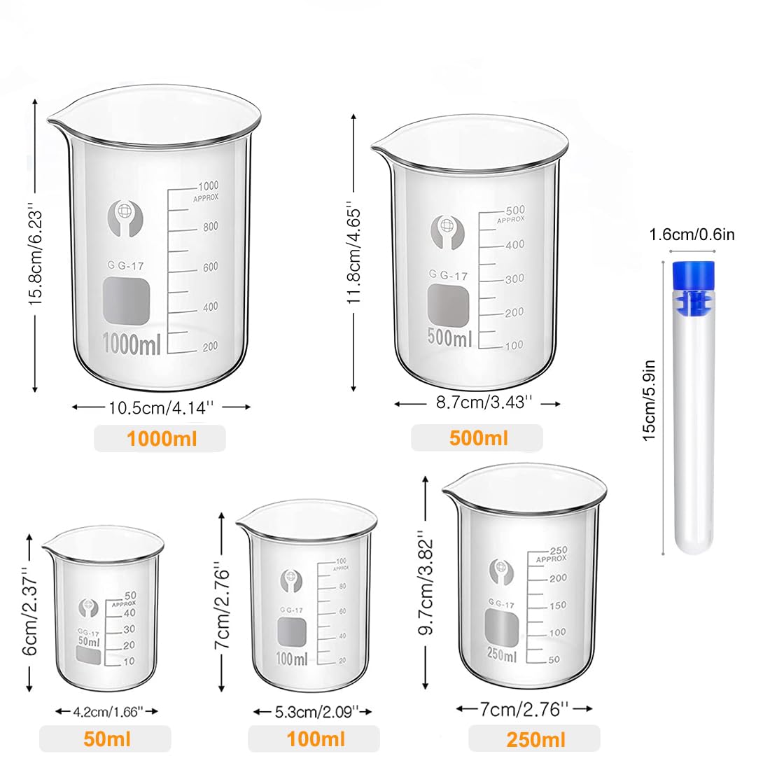 Becher Graduato in Vetro Borosilicato, Graduato Misurazione Bicchiere 1000ml/500ml/250ml/100ml/50ml con 8 Provette di Plastica, 3 Contagocce, 2 Barra di Agitazione,2 Spazzolini di Pulizia